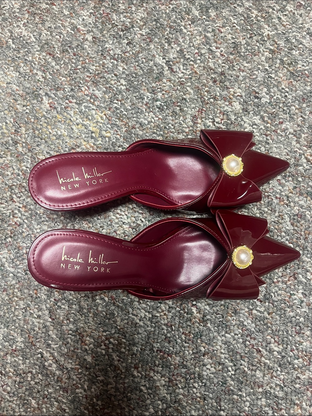 Nicole Miller Burgundy Patent Pointed Bow Mules with Pearl Accent